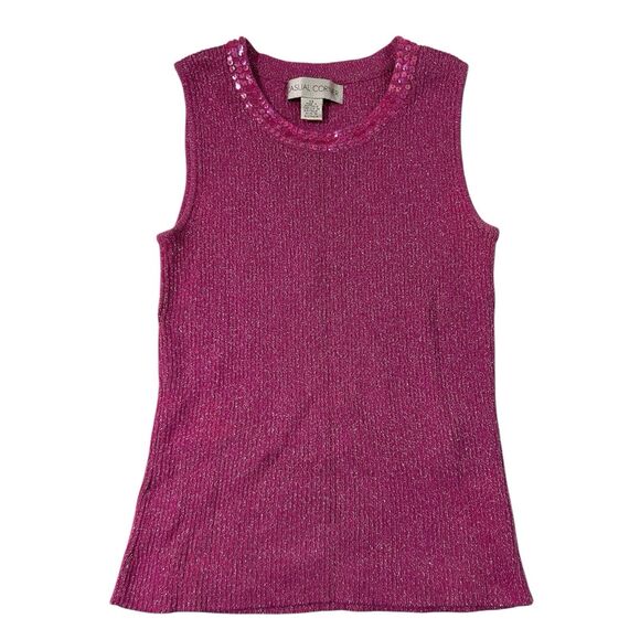Casual Corner Tops - Casual Corner Sleeveless Sequin Neck Tank Blouse Pink Metallic Knit XS Y2K